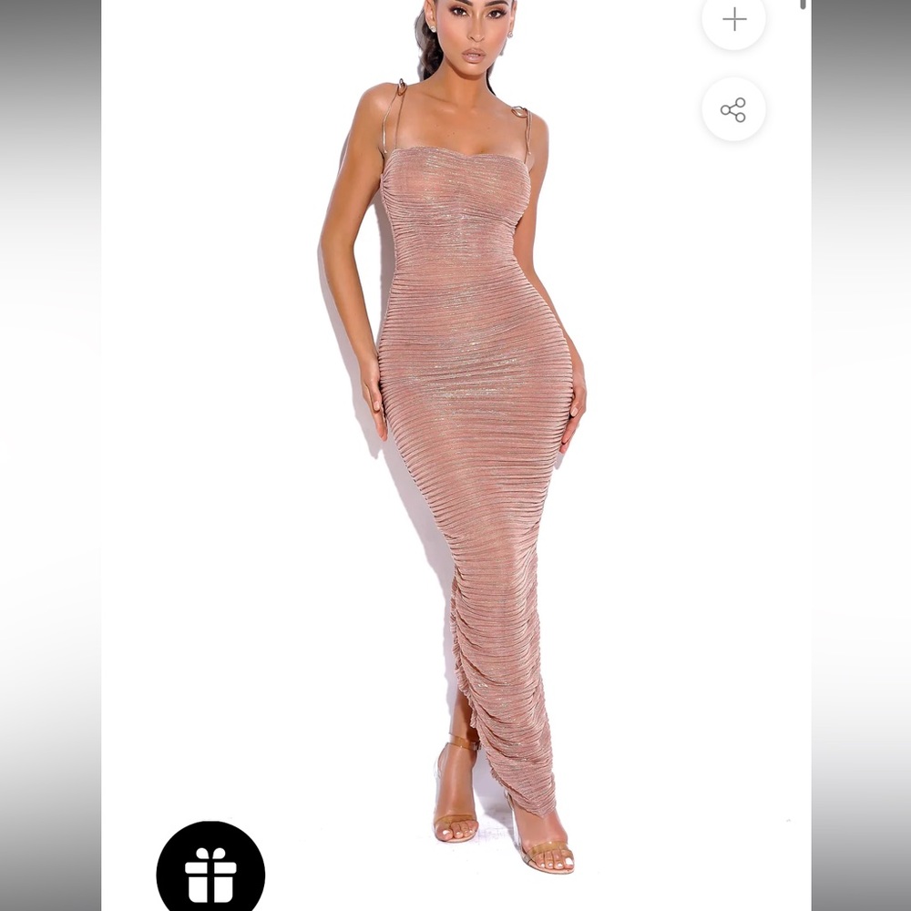 Rose gold ruched chiffon maxi dress